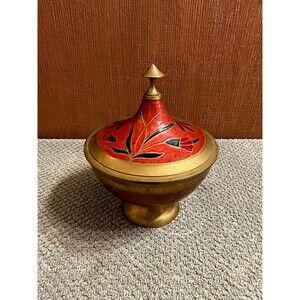 Vintage Brass Trinket Bowl With Lid  Floral Design